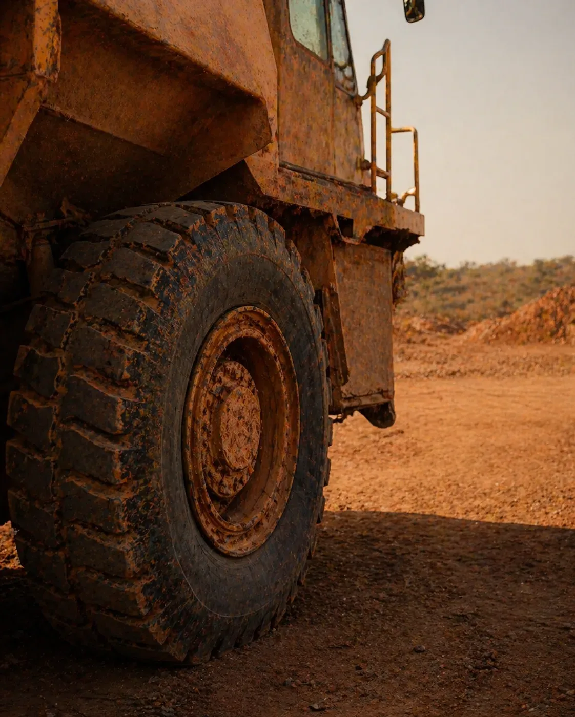 Haul truck wheel at a Kipushi copper concession, caked in rust-ochre earth