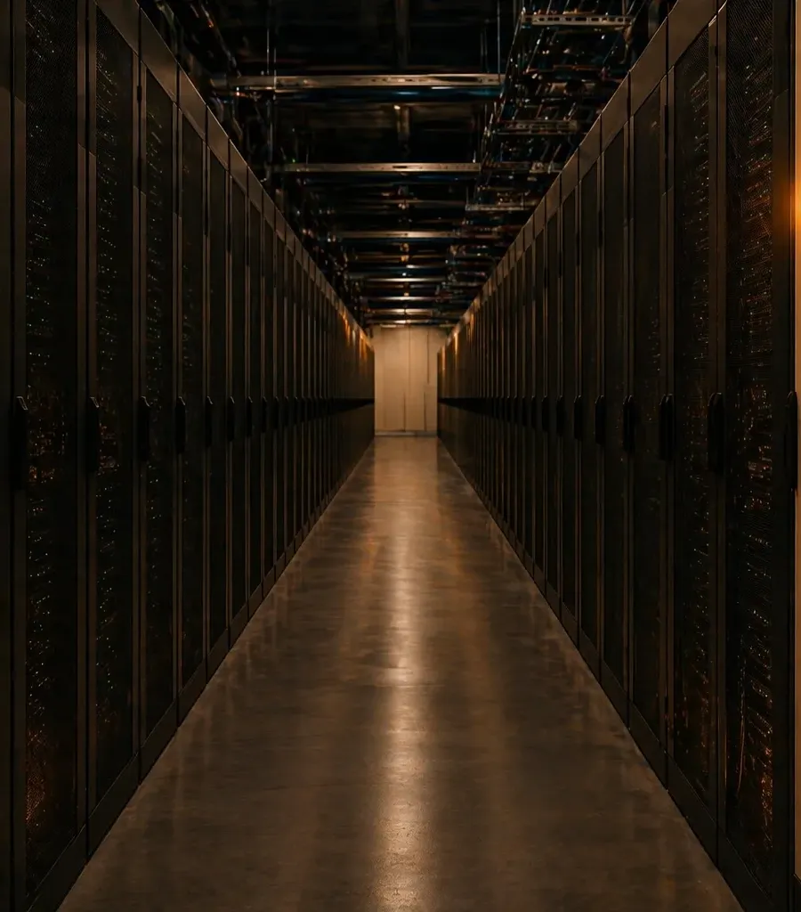 Server hall aisle with amber service lamp