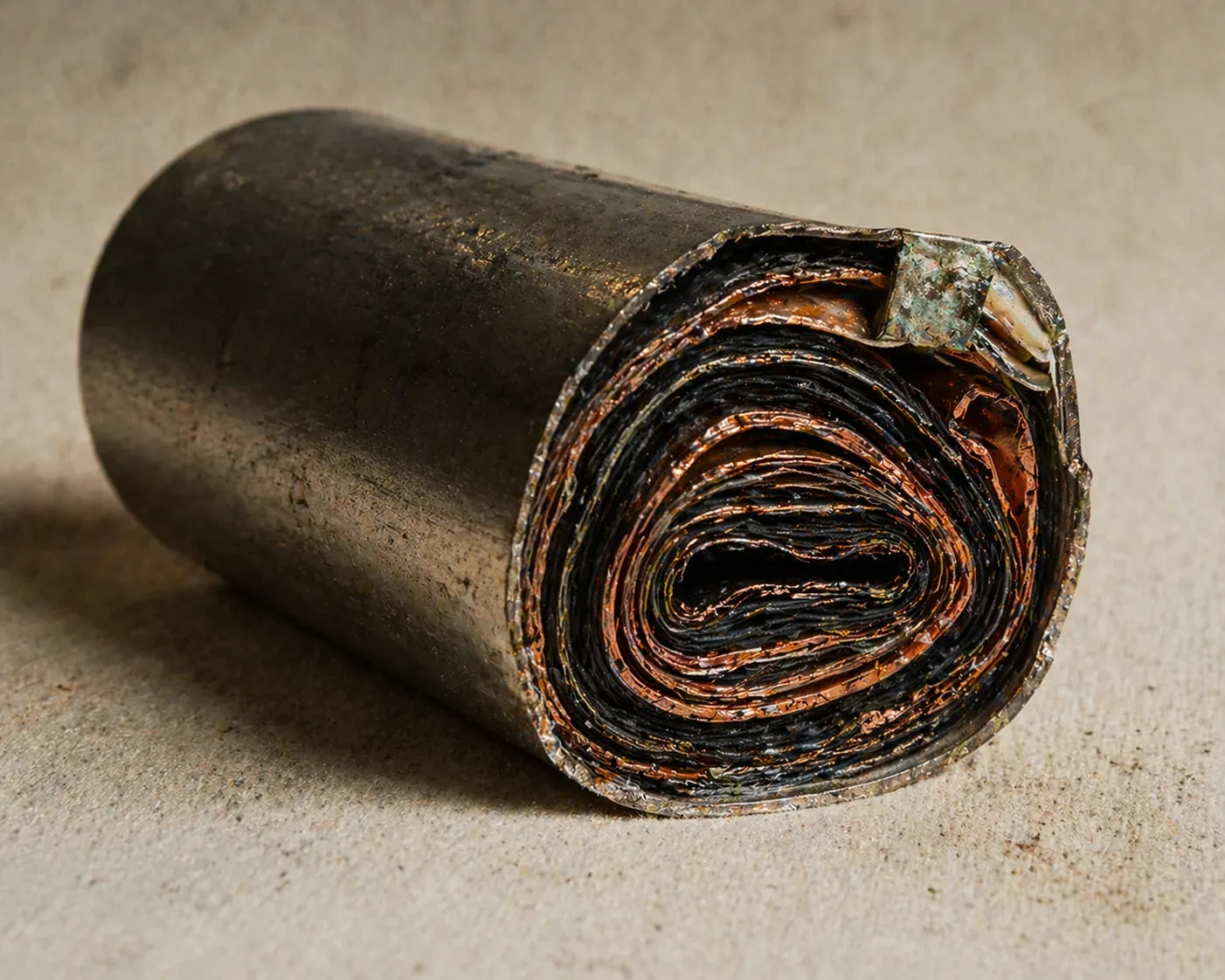 Prismatic lithium-ion battery cell sectioned to reveal copper current-collector foils