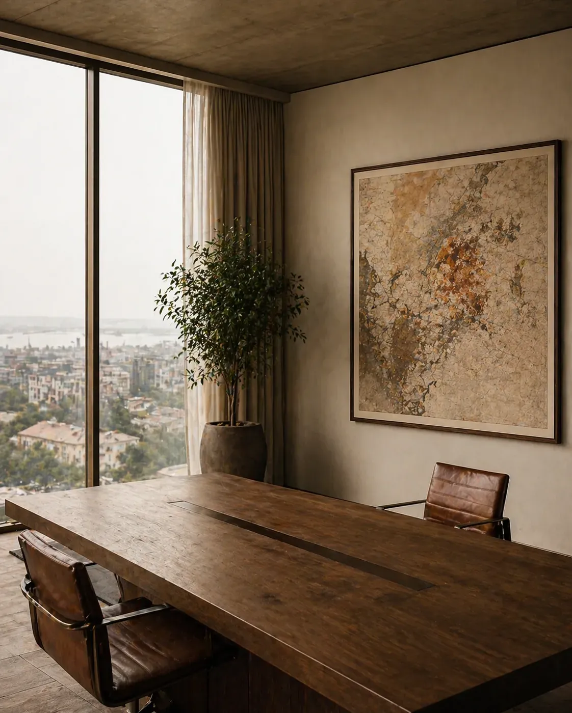 Corporate office interior in Kinshasa — oak meeting table with window view