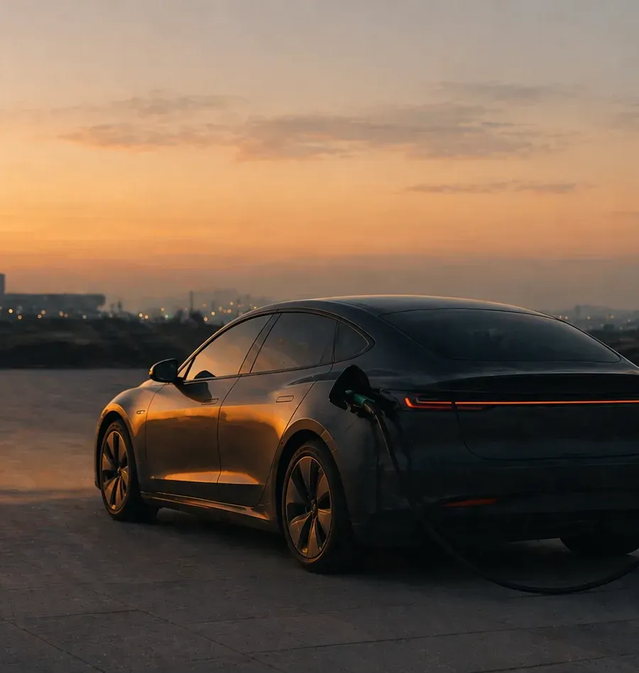 Electric vehicle at a charging post at dusk