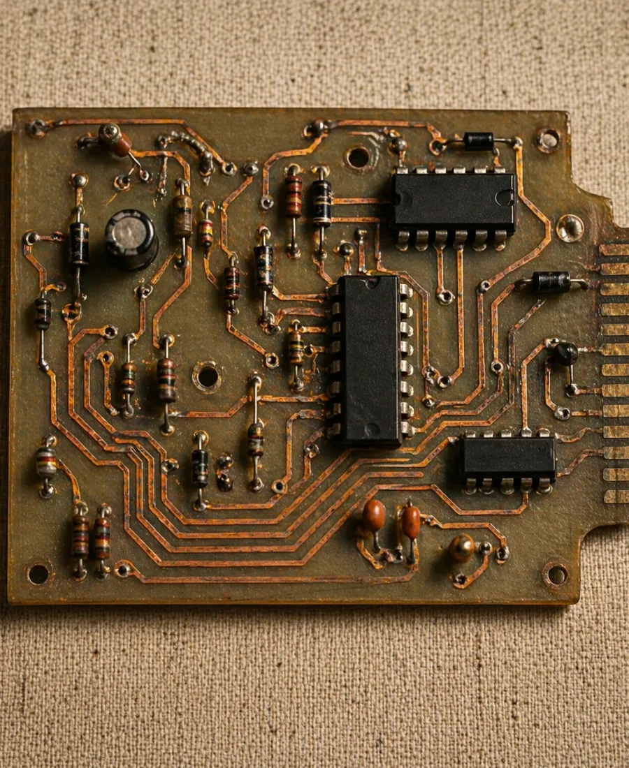 Circuit board with copper traces on olive substrate
