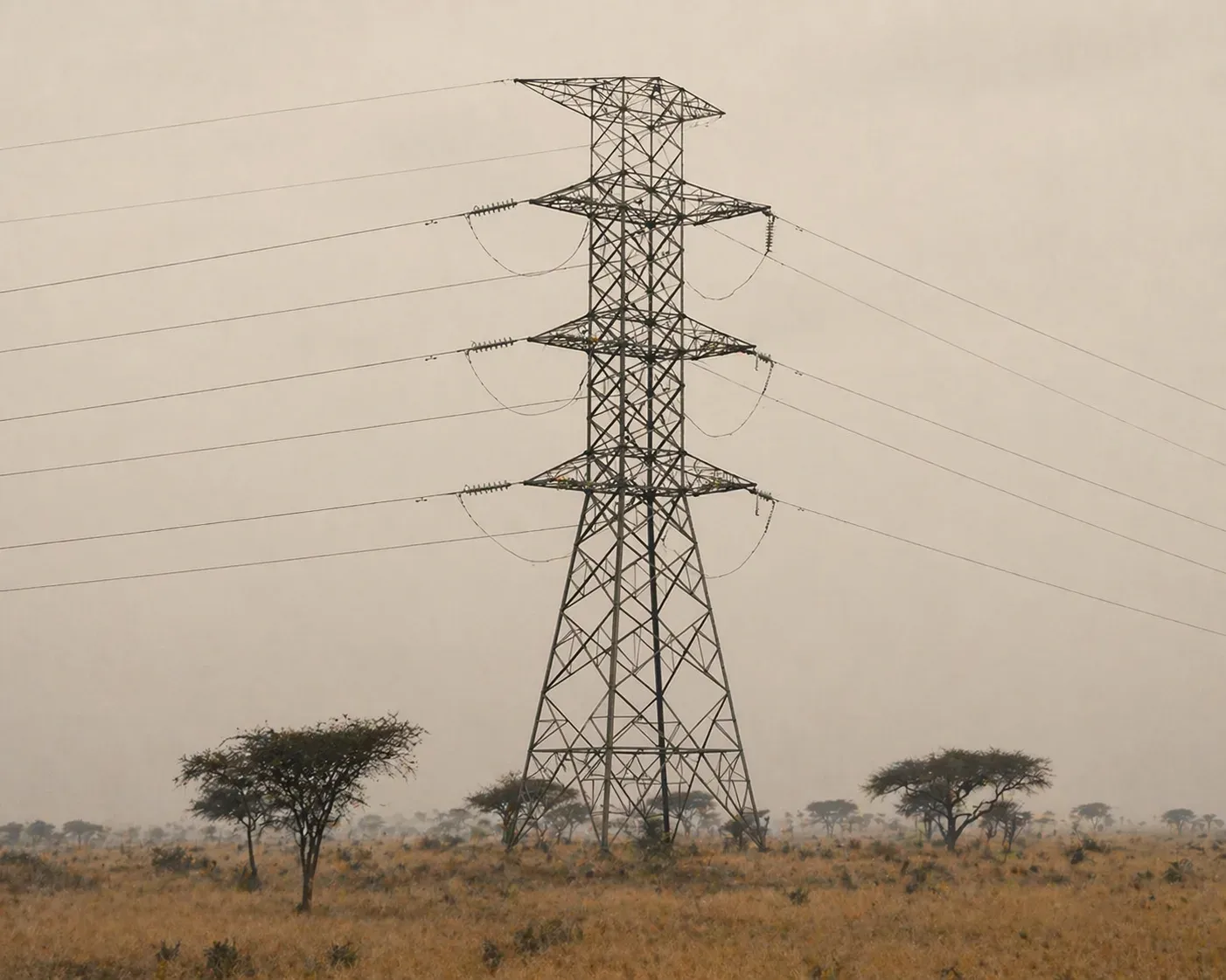 High-voltage lattice transmission tower in African savanna haze